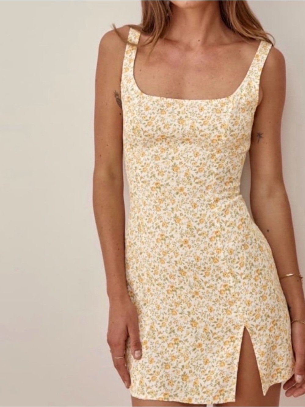 Reformation Noha Yellow Floral Square-Neck Mini Dress
